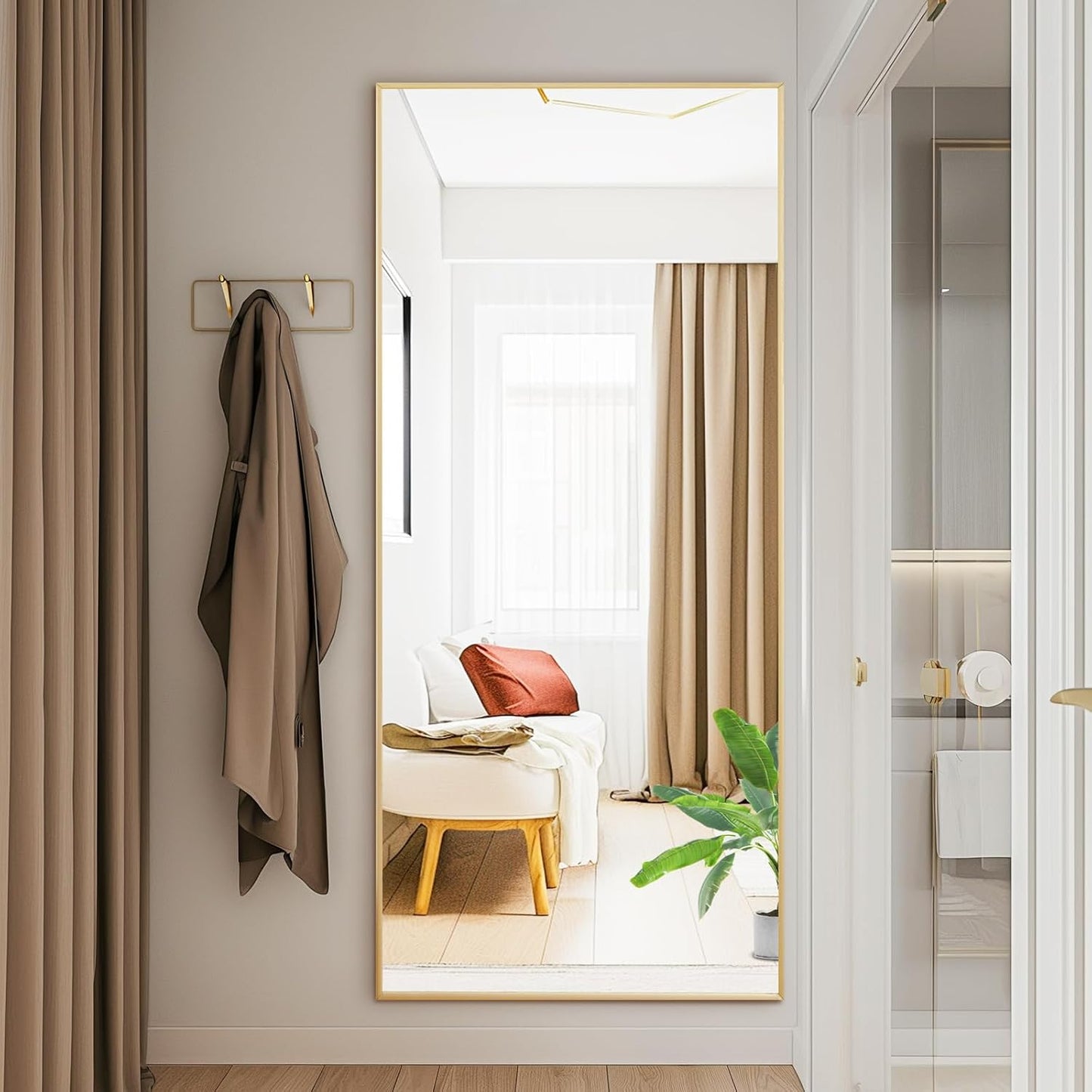 DUMOS 64"x21" Arched Full Length Floor Mirror, Full Body Mirror with Stand, Shatterproof Tempered Glass, Modern Aluminum Alloy Frame, Free Standing or Leaning for Home Decor, Gold