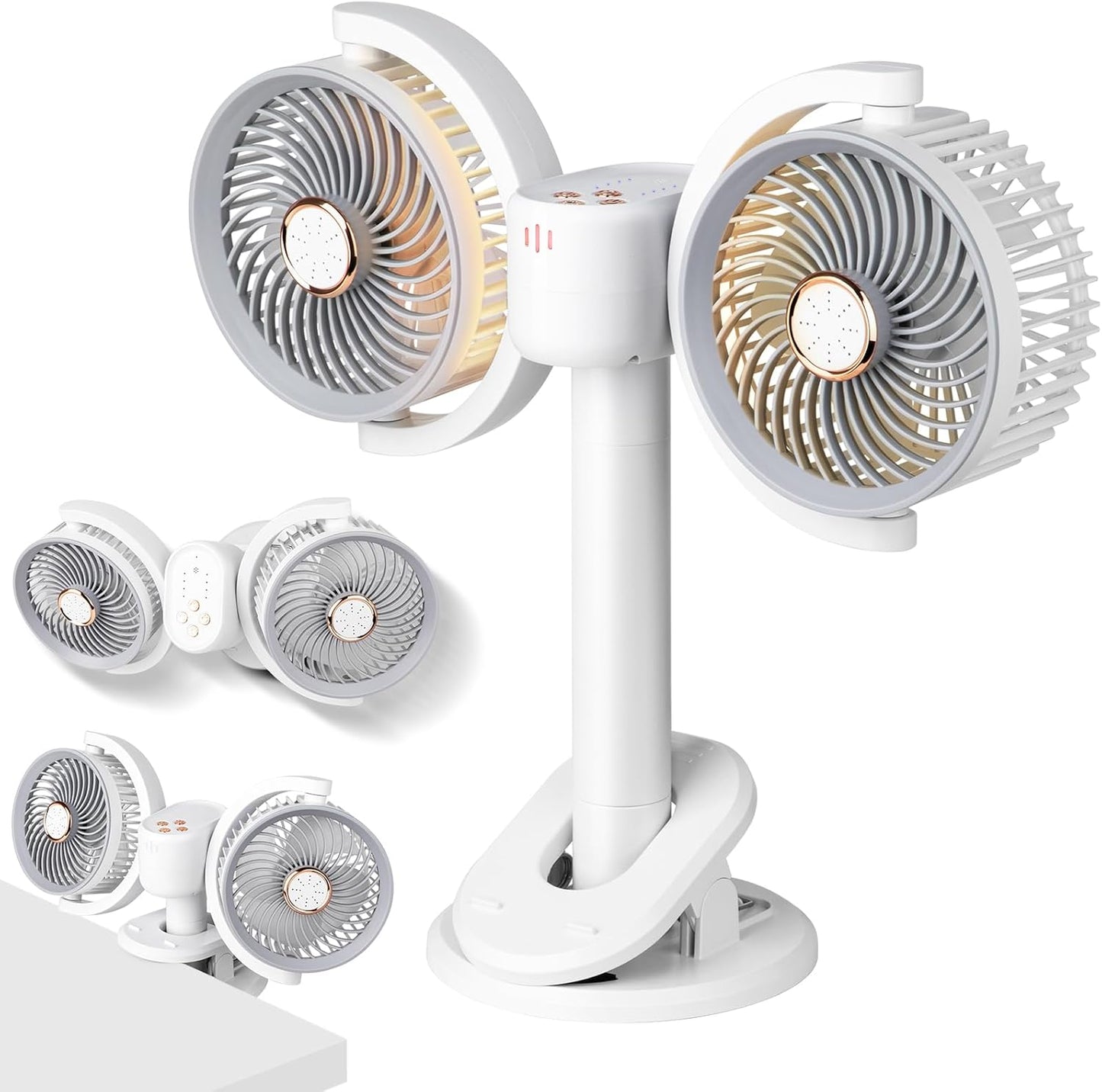 Clip on Fan Dual Head Rechargeable,Portable Desk Fan with LED Lights,Wall Mounted Ultra Silent 360° Rotatable Removable for Car, Table,Bedroom,Office,Camping,Stroller,Treadmill,Travel Outdoor