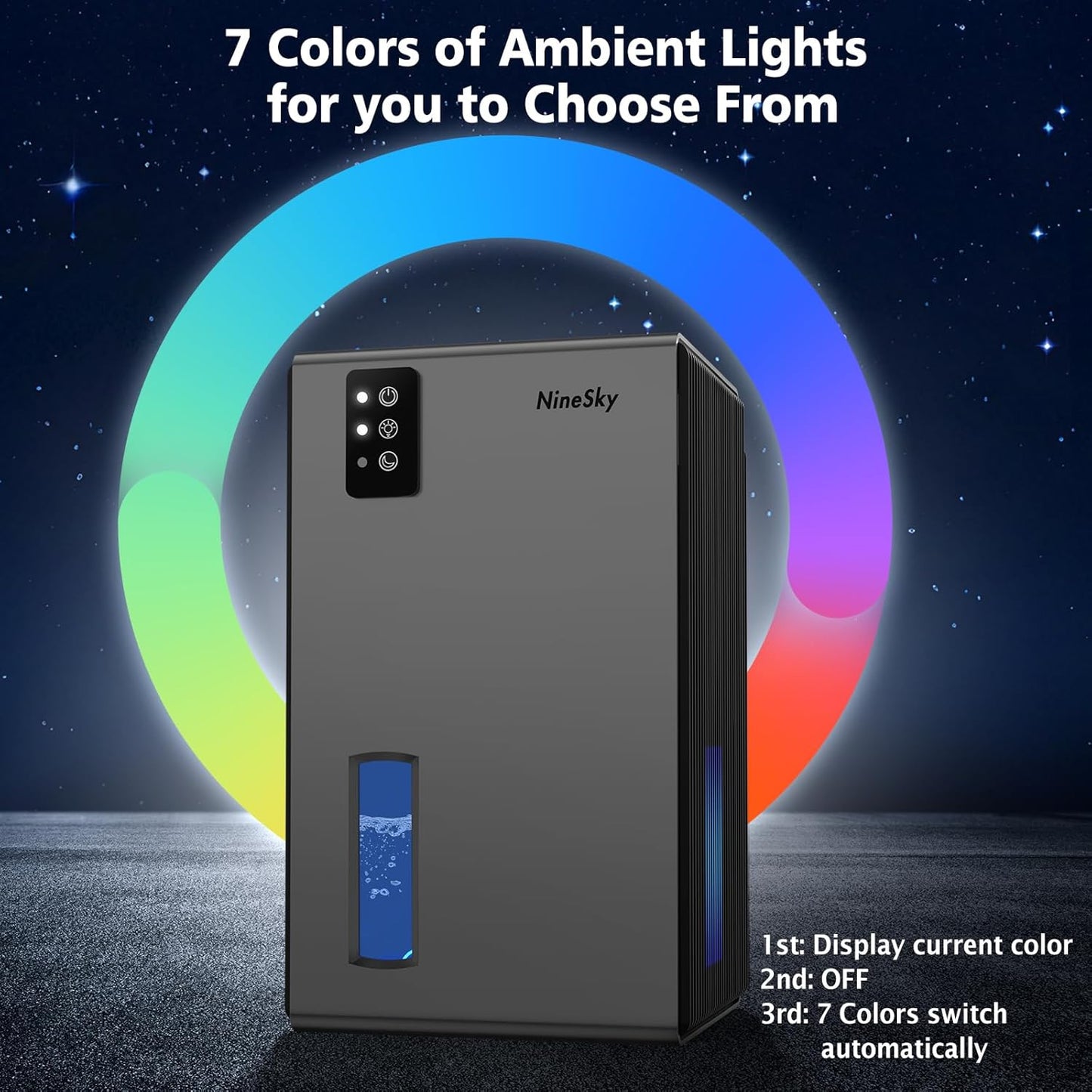 NineSky Dehumidifier, 1000 sq.ft Dehumidifiers for Home with 95oz Large Water Tank,Quiet Dehumidifier with 7-Color Ambient Light & Auto Shut Off, Dehumidifier for Basement, Bedroom, Bathroom (Grey)
