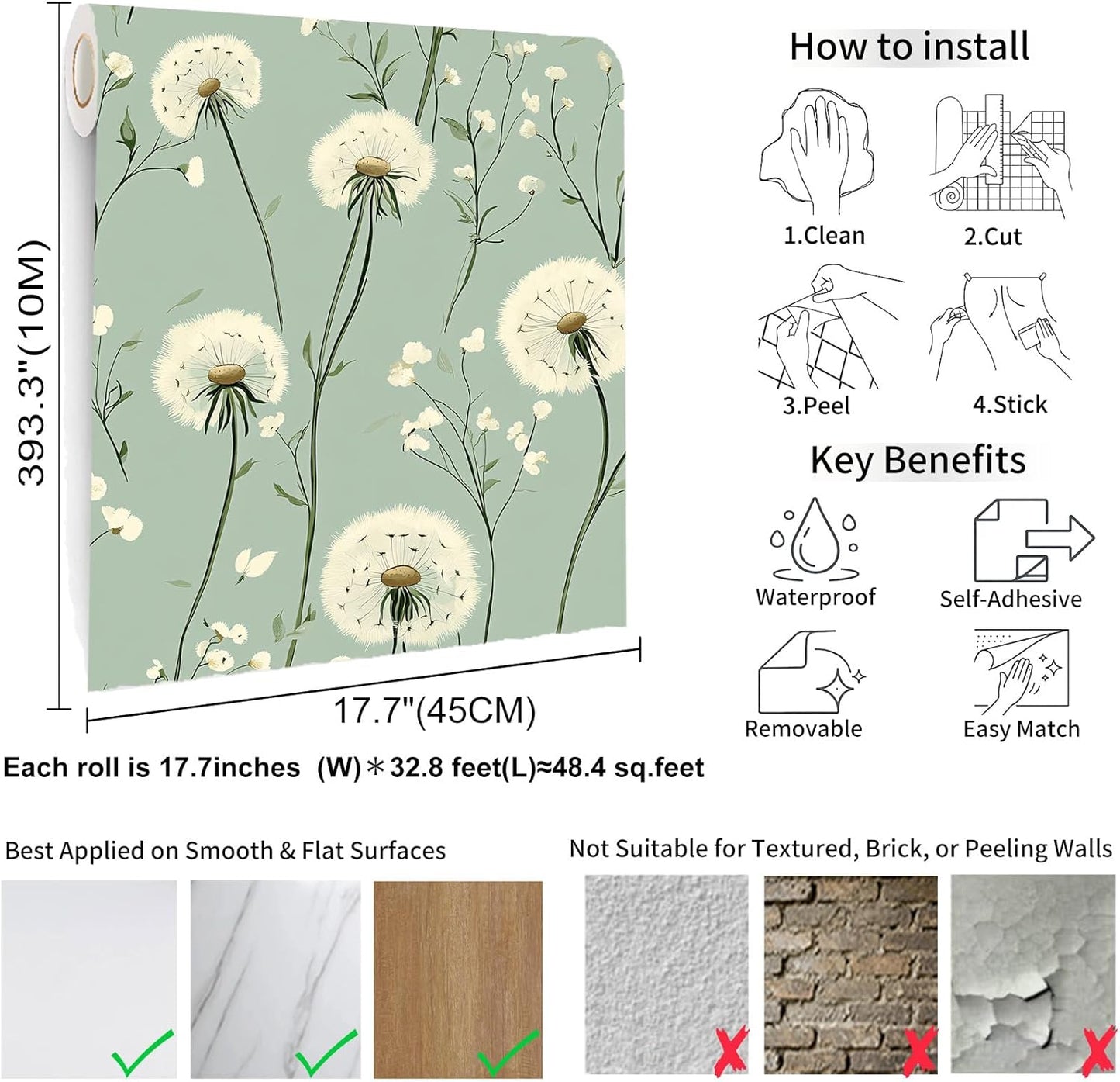 Dandelion Floral Peel and Stick Wallpaper Green Self Adhesive Removable Vinyl Wallpaper Botanical Floral Watercolor Boho Accent Wall for Bedroom Living Room Nursery 17.7" X 118"