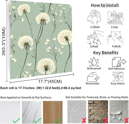Dandelion Floral Peel and Stick Wallpaper Green Self Adhesive Removable Vinyl Wallpaper Botanical Floral Watercolor Boho Accent Wall for Bedroom Living Room Nursery 17.7" X 118"