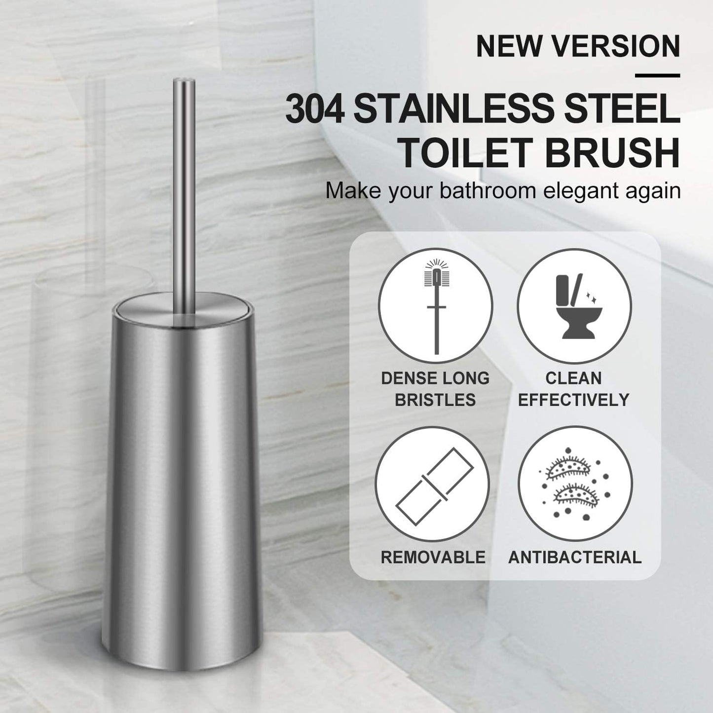 Toilet Brush and Holder, 2 Pack Toilet Brush with 304 Stainless Steel Long Handle, Toilet Bowl Brush for Bathroom Toilet-Ergonomic, Elegant,Durable (White)