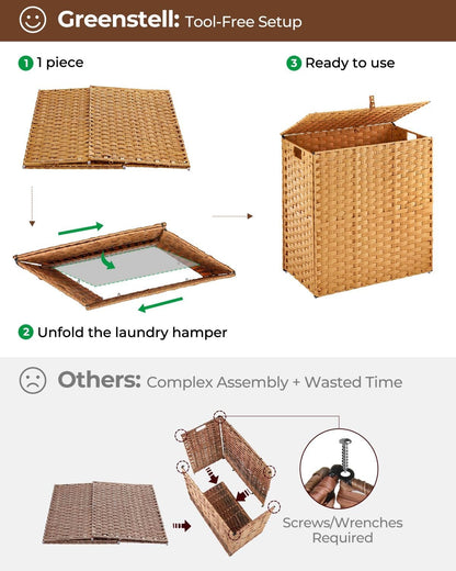 Greenstell Laundry Hamper with 2 Removable Liner Bags, Foldable Divided Clothes Hamper, 90L Handwoven Rattan Laundry Basket with Lid and Handles, No Assembly Needed, 18.3x13.3x24 Inches, Black