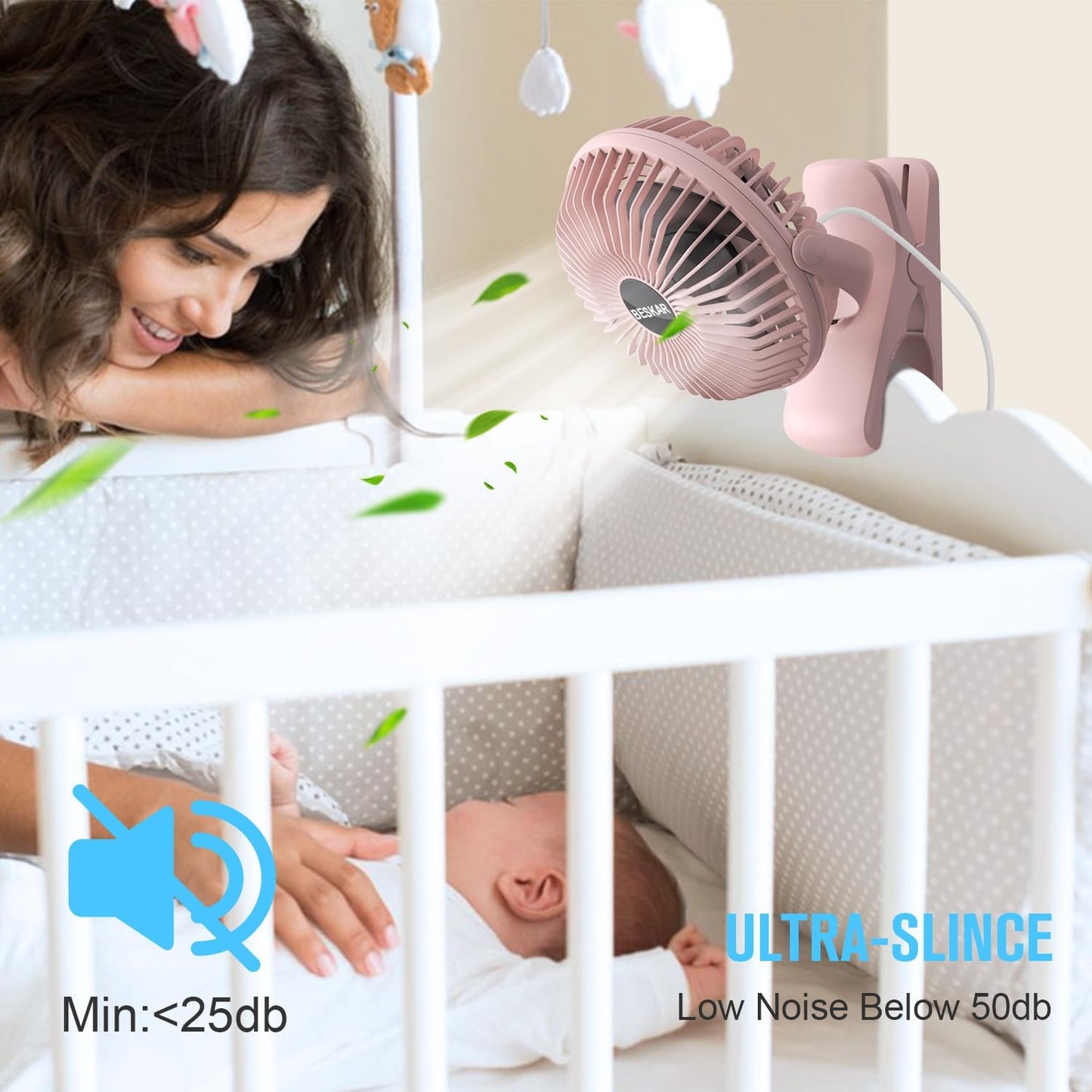 BESKAR Clip on Fan, Portable Small Desk Fans with Strong Airflow, 3 Speeds with Personal Fans Sturdy Clamp, Quiet Desk Fan & Clip Fan with USB Cord Powered - No Battery