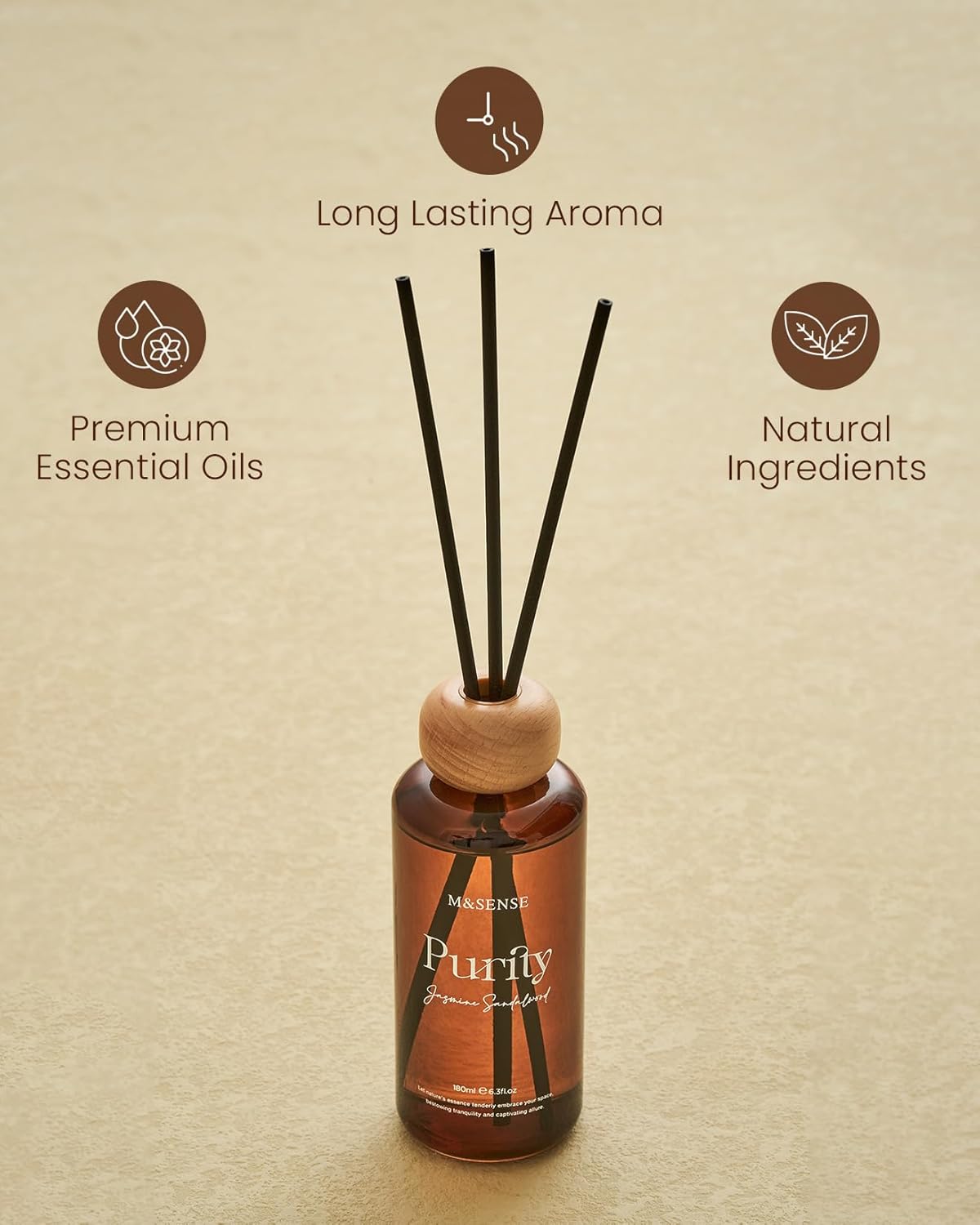 M&SENSE Reed Diffuser Set, Jasmine Sandalwood Scented 6.3 fl oz Natural Essential Oil Diffusers with Sticks, Non-Toxic Organic Air Freshener, Long-Lasting Fragrance Oils for Home Bathroom Living Room