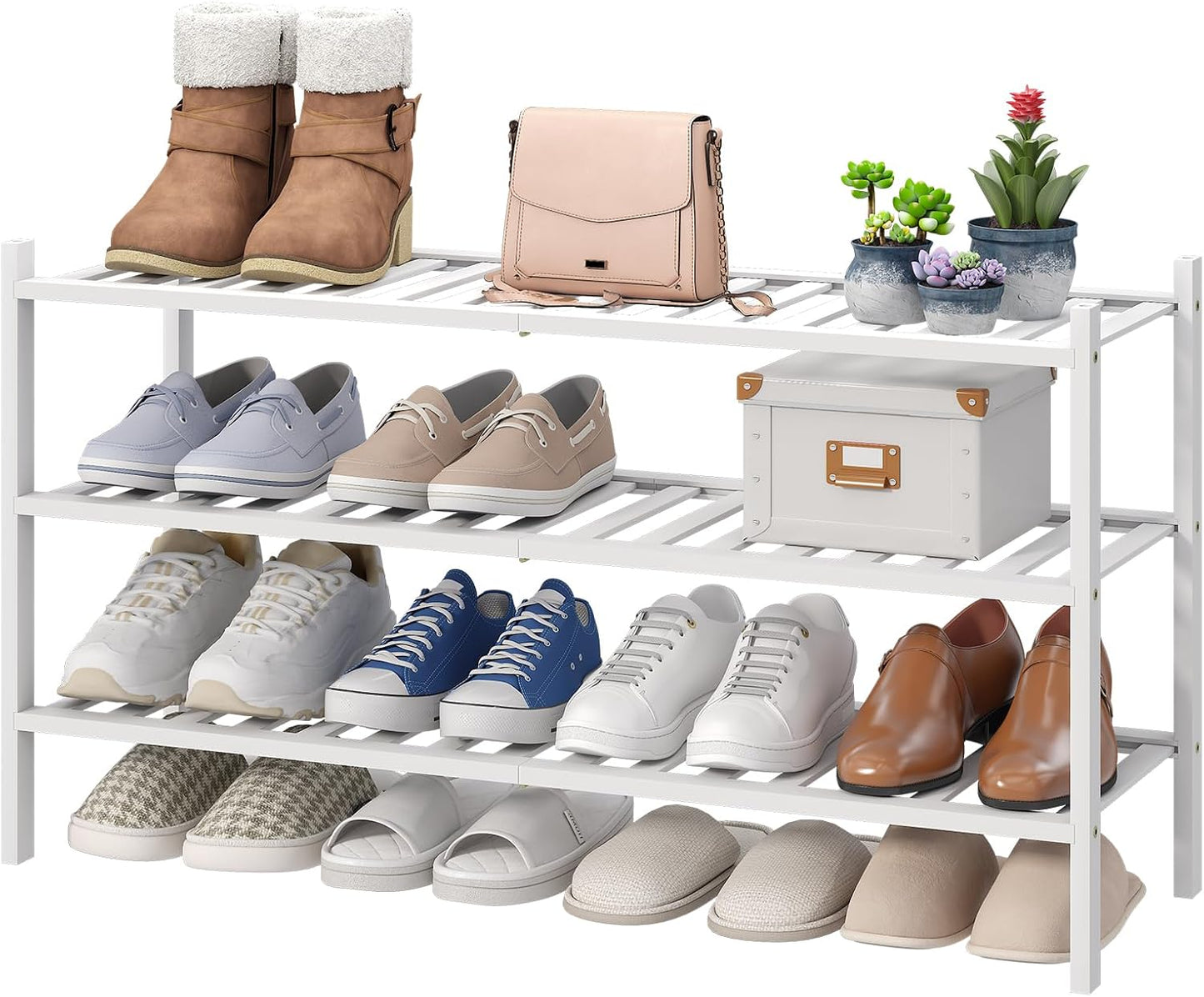 viewcare 3-Tier Black Bamboo Shoe Rack for Entryway, Stackable | Foldable | Natural, Shoe Shelf Storage Organizer for Hallway Closet, Free Standing Shoe Racks for Indoor Outdoor