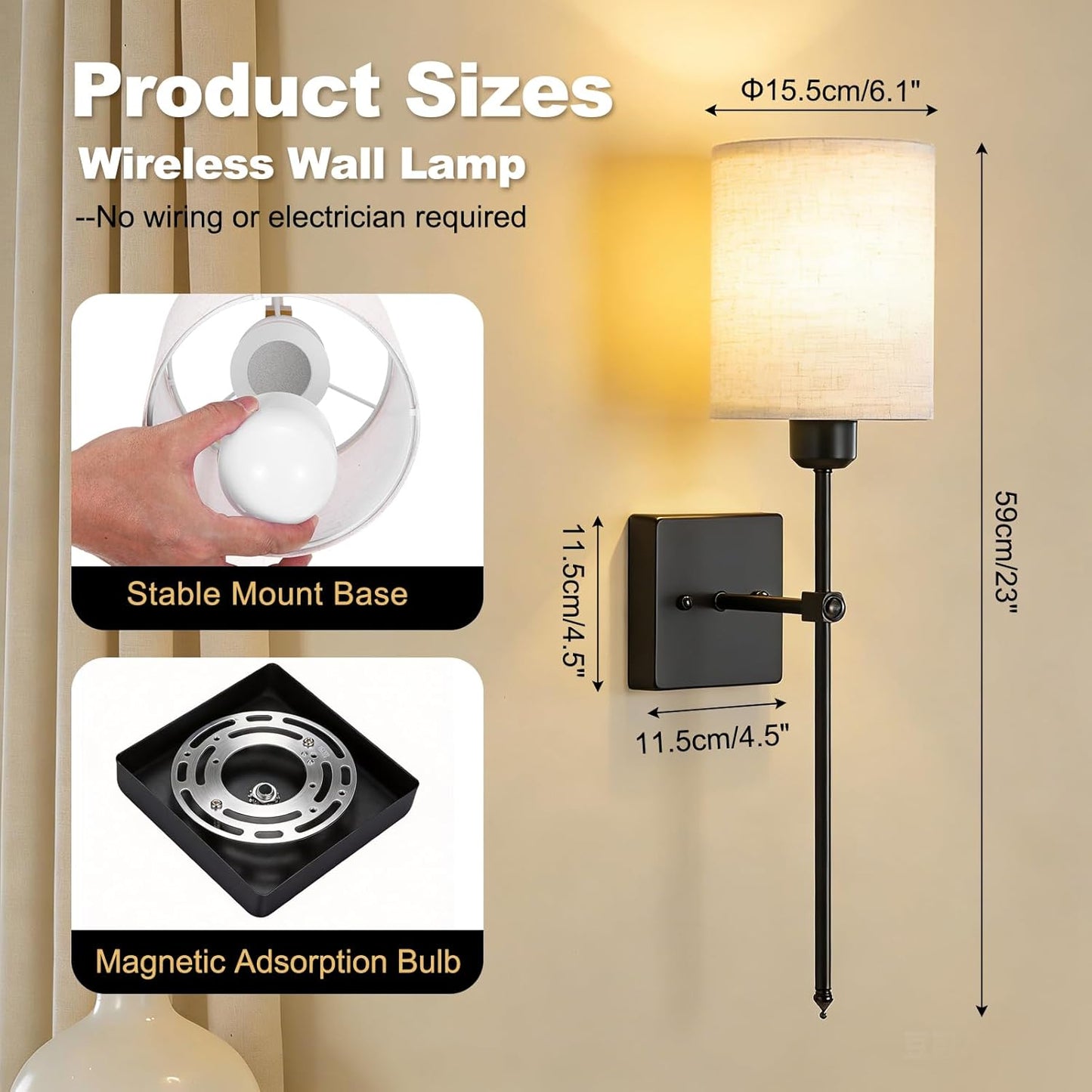 Battery Operated Wall Sconce Set of 2, Black Wireless Wall Lights with Remote 5300mAh Rechargeable Dimmable Bulb, 12 Colors Wireless Wall Sconces for Bedroom Living Room Hallway