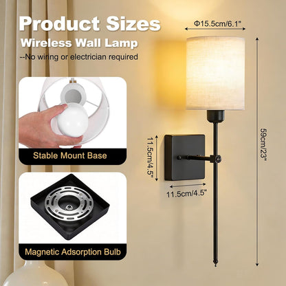 Battery Operated Wall Sconce Set of 2, Black Wireless Wall Lights with Remote 5300mAh Rechargeable Dimmable Bulb, 12 Colors Wireless Wall Sconces for Bedroom Living Room Hallway