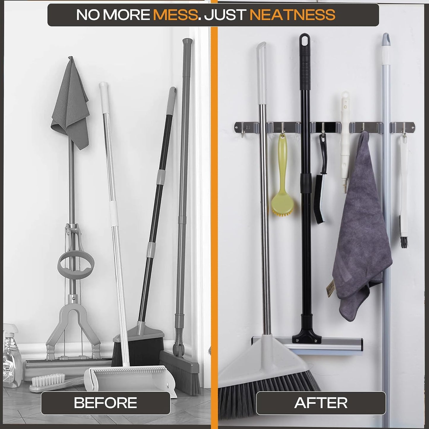 Heavy-Duty Stainless-Steel Broom Holder Wall Mount with 3 Racks and 4 Hooks | Waterproof Mop and Broom Hanger | Adjustable, Garage & Garden Tool Organizer | Black