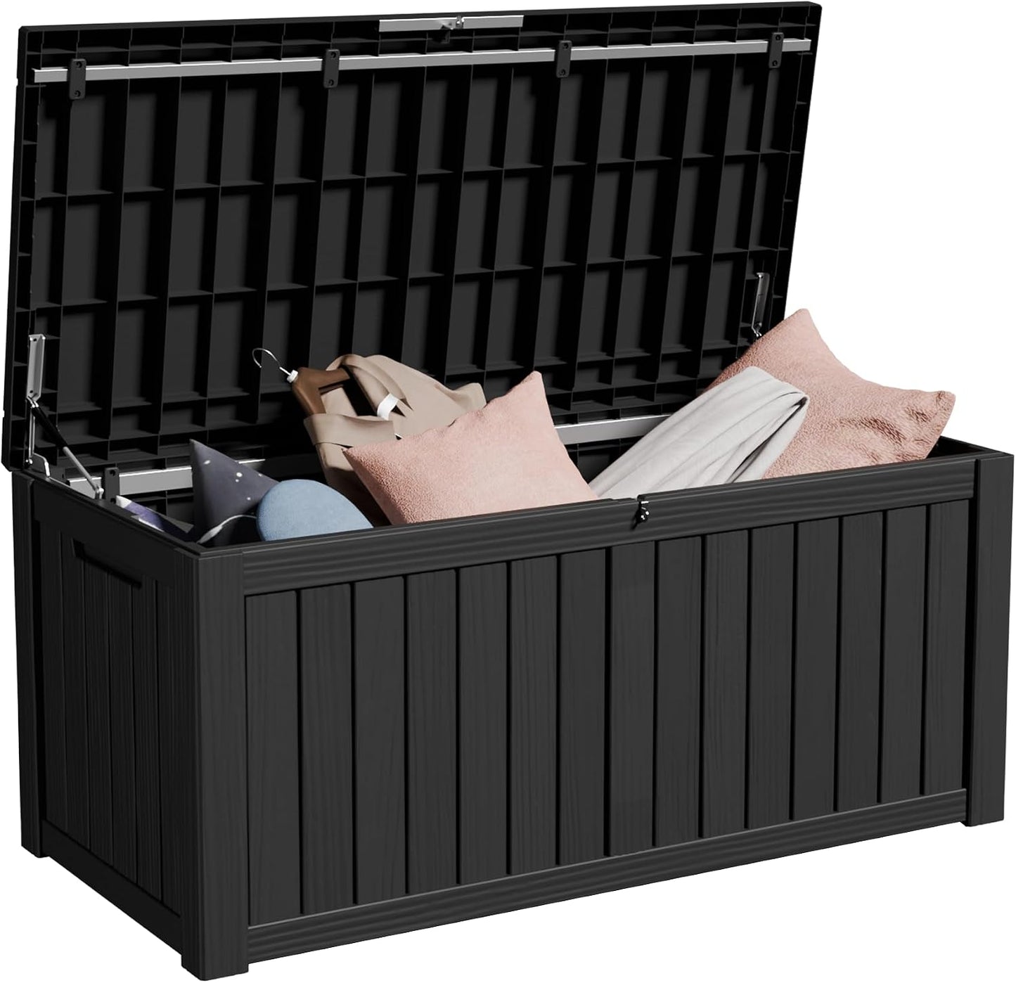 100 Gallon Storage Box, Waterproof Resin Deck Box with Hydraulic Piston Design, Lockable Storage Bench for Package Delivery, Storage Bin for Patio Cushions, Garden Tools, Black