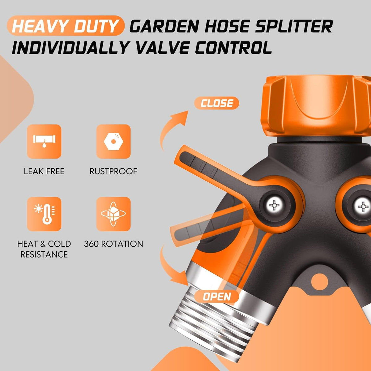 2 Way Garden Hose Splitter with Shut Off Valve,Water Spigot Splitter for 3/4" Hose Connector,Heavy Duty Metal Outdoor Faucet Splitter Y Connector for Garden Hose,with 3 Leakproof Washers & 1 tape
