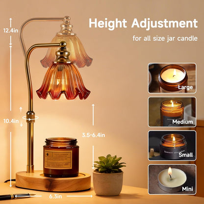Candle Warmer Lamp with Timer, Dimmer, Vintage Glass Shade | Adjustable height, 2/4/8-hour timer, wood base, 2 bulbs included