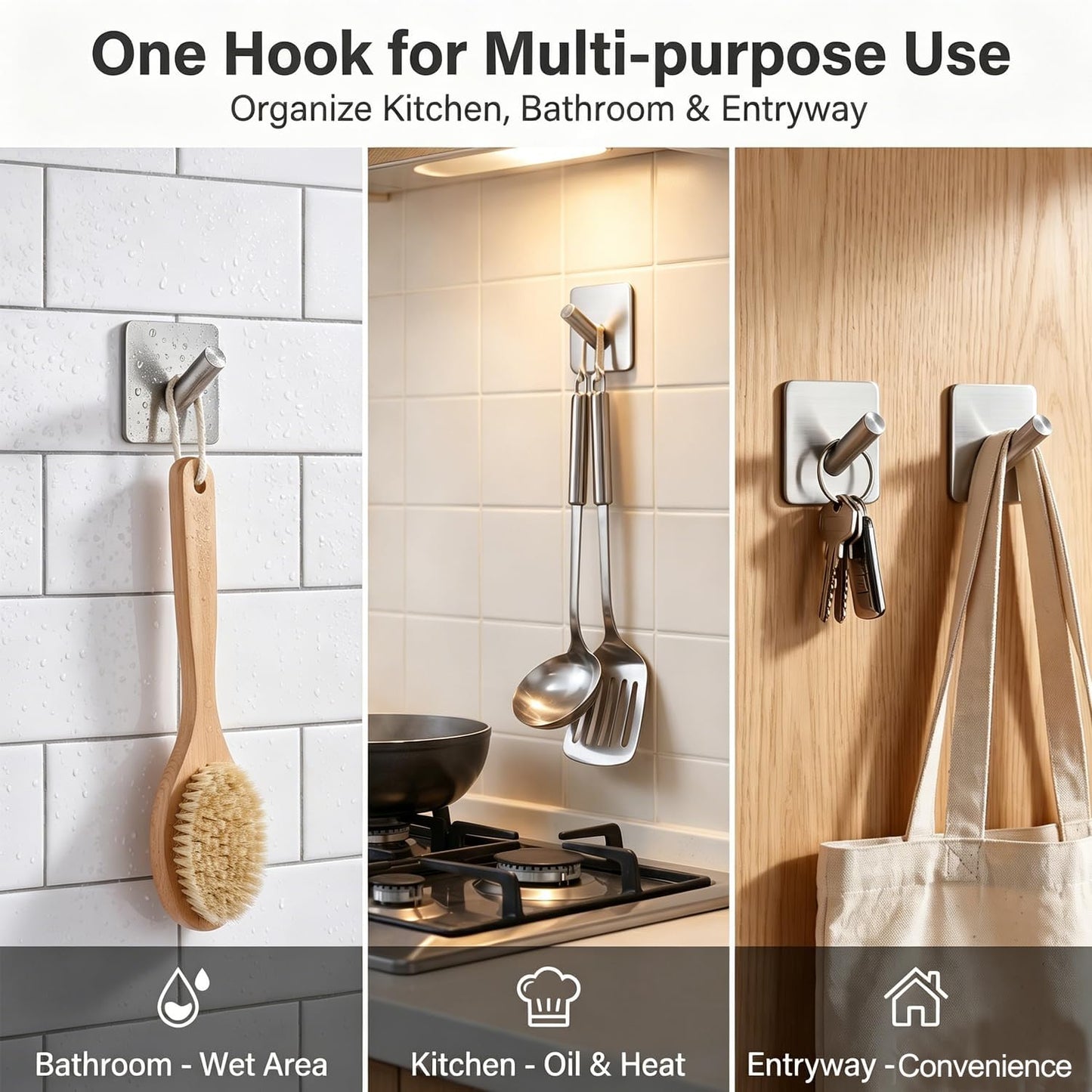 Fotosnow Matte Black Adhesive Wall Hooks, 15lbs Locking Curve Anti Slip Stainless Steel No Drill Stick On Hooks for Bathroom Shower Towel Coat Kitchen