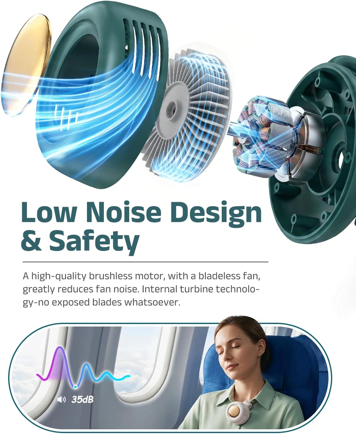 Portable Silent Mini Bladeless Electric Fan, 360° Rotatable Portable Mini Clip On Fan for Shirt Waist Rechargeable Whirlwind Clip Fan, 3-Speed Personal Fan Clip On for Outdoor, Travel, Home (Green)