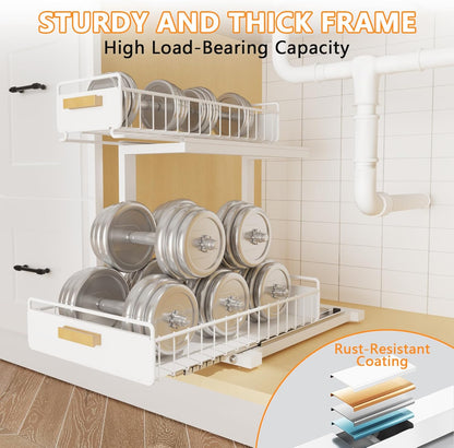 2 Pack Under Sink Organizer with Ball Bearing Sliding Drawer, Heavy Duty Pull Out Cabinet Organizer, 2 Tier Adjustable Storage Rack for Kitchen Bathroom, Space Saving Design, White
