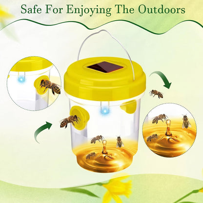 Wasp Trap Solar Powered Bee Trap Reusable Fly Traps Outdoor Hanging Wasp Killer with UV LED Light Flying Insects Bee Killer for Indoor Outside Patio Garden Home (6, Yellow)