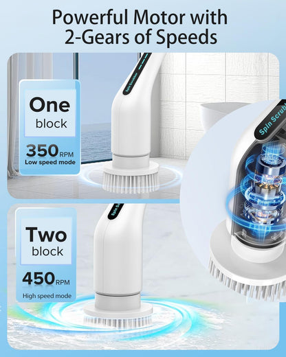 Electric Spin Scrubber, Cordless IPX7 Waterproof, Dual Speed Shower Scrubber with Adjustable Long Handle, 7 Replaceable Brush Heads for Bathroom, Bathtub, Tile Floor, Toilet, Kitchen & Car