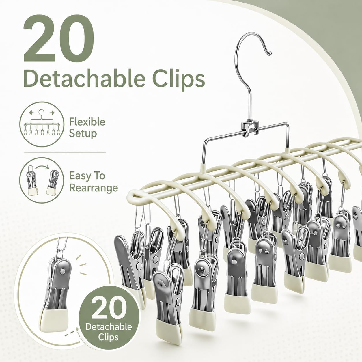 Sock Drying Rack with 20 Clips, Stainless Steel Laundry Hanger for Underwear, Space-Saving Clothes Airer with Foldable Hook, Non-Slip Clip Organizer Drying Station for Small Items