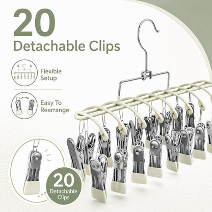 Sock Drying Rack with 20 Clips, Stainless Steel Laundry Hanger for Underwear, Space-Saving Clothes Airer with Foldable Hook, Non-Slip Clip Organizer Drying Station for Small Items