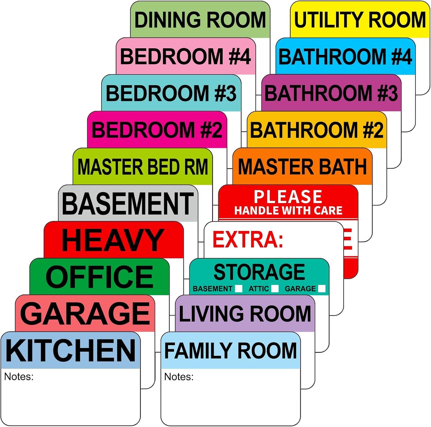 Kingtac 600 Writable Home Moving Stichers - 2' x 3', 20 Color-Coded Home Moving Packing Labels with Fragile, Extra, Heavy Options.Stick to Cardboard Boxes and Plastic Bins, No Extra Tape Needed