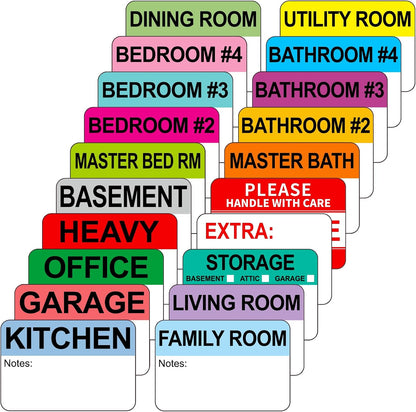 Kingtac 600 Writable Home Moving Stichers - 2' x 3', 20 Color-Coded Home Moving Packing Labels with Fragile, Extra, Heavy Options.Stick to Cardboard Boxes and Plastic Bins, No Extra Tape Needed