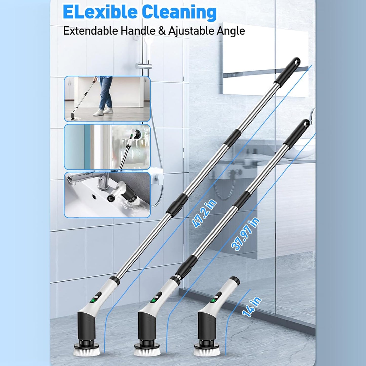 Weytoll Electric Spin Scrubber, IPX65 400/450rpm Electric Cleaning Brush Kit with Extendable Handle and 9 Interchangeable Heads Multifunctional Handheld Cordless Scrubber for Kitchen Bathroom