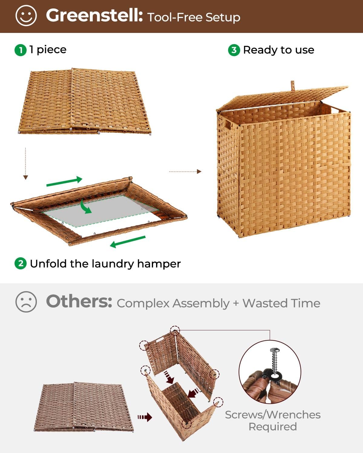Greenstell Laundry Hamper with 2 Removable Liner Bags, Foldable Divided Clothes Hamper, 90L Handwoven Rattan Laundry Basket with Lid and Handles, No Assembly Needed, 18.3x13.3x24 Inches, Black
