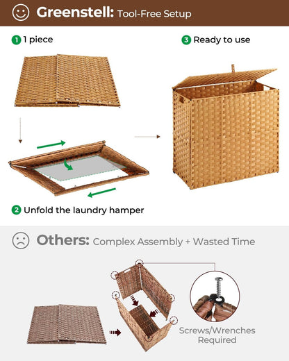 Greenstell Laundry Hamper with 2 Removable Liner Bags, Foldable Divided Clothes Hamper, 90L Handwoven Rattan Laundry Basket with Lid and Handles, No Assembly Needed, 18.3x13.3x24 Inches, Black