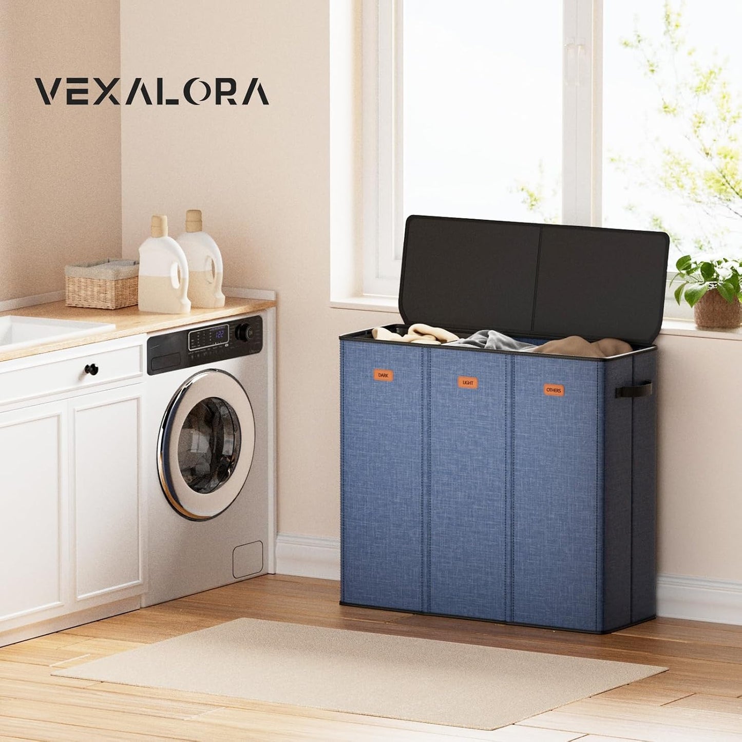 185L Laundry Hamper 3 Section, Laundry Hamper with Lid, Dirty Clothes Hamper with 3 Removable Washing Bags, Extra Large Laundry Basket Organizer for Bedroom, Laundry Room, Dorm - Black