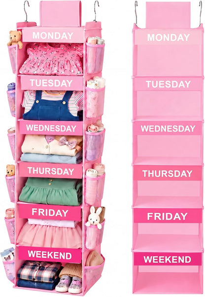 Thyle 6-Shelf Weekly Clothes Organizer for Kids, Hanging Daily Closet Organization with 12 Side Pockets, Pink Days of the Week Clothing Divider Storage for Boys and Girls