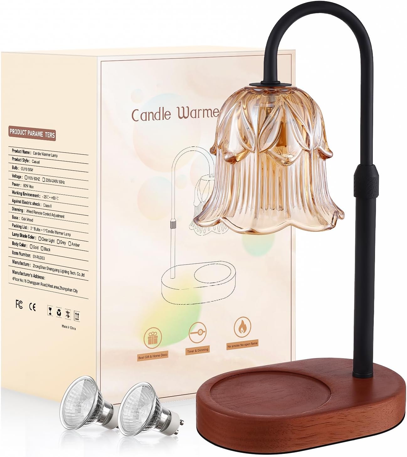 Candle Warmer Lamp Adjustable Timer - Electric Flower Glass Candles Warmers Adjustable Height Dimmable Vintage Base Modern Wax Candles Top Warmers for Small Jar Scented Wax Melts