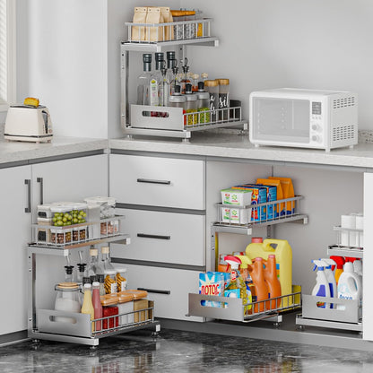 Saydear L-Shaped Under Sink Organizer, 2-Tier Pull-out Cabinet Rack 1-Pack | Black Height-Adjustable Metal Rack, Sliding Grid Drawers with Safety Stopper, Holds 100 Lbs, Ideal Kitchen Cabinet Storage