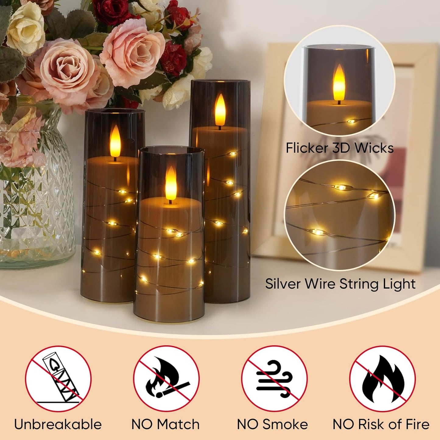 Raycare Flameless Candle with Remote Timer, 3 Flickering Acrylic Battery Operated LED Pillar Candles with Embedded Star String for Christmas, Wedding, Home Table Decor, and as a Gift (Ivory White)