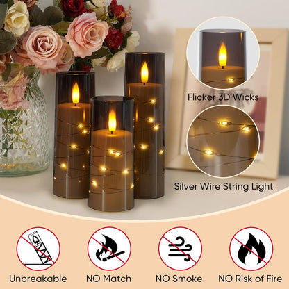 Raycare Flameless Candle with Remote Timer, 3 Flickering Acrylic Battery Operated LED Pillar Candles with Embedded Star String for Christmas, Wedding, Home Table Decor, and as a Gift (Ivory White)