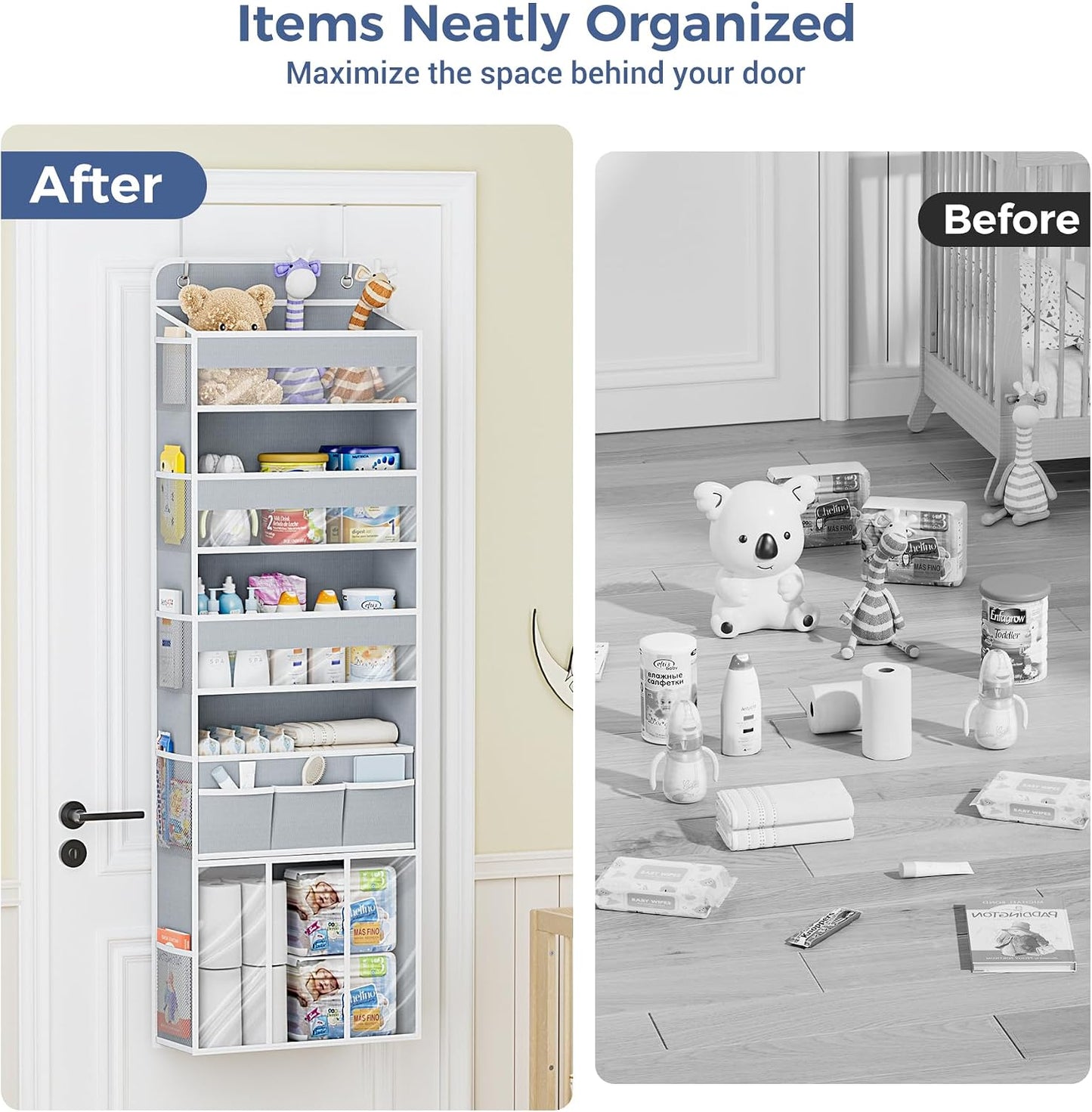 COOLBEBE 2-Pack over the Door Organizer, 5-Tier Hanging Storage with Clear Windows & Mesh Side Pockets, Heavy-Duty Nursery Closet Organizer for Baby Essentials, Bathroom, Bedroom, Grey