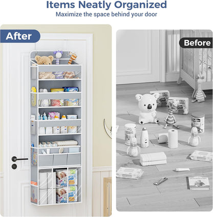 COOLBEBE 2-Pack over the Door Organizer, 5-Tier Hanging Storage with Clear Windows & Mesh Side Pockets, Heavy-Duty Nursery Closet Organizer for Baby Essentials, Bathroom, Bedroom, Grey