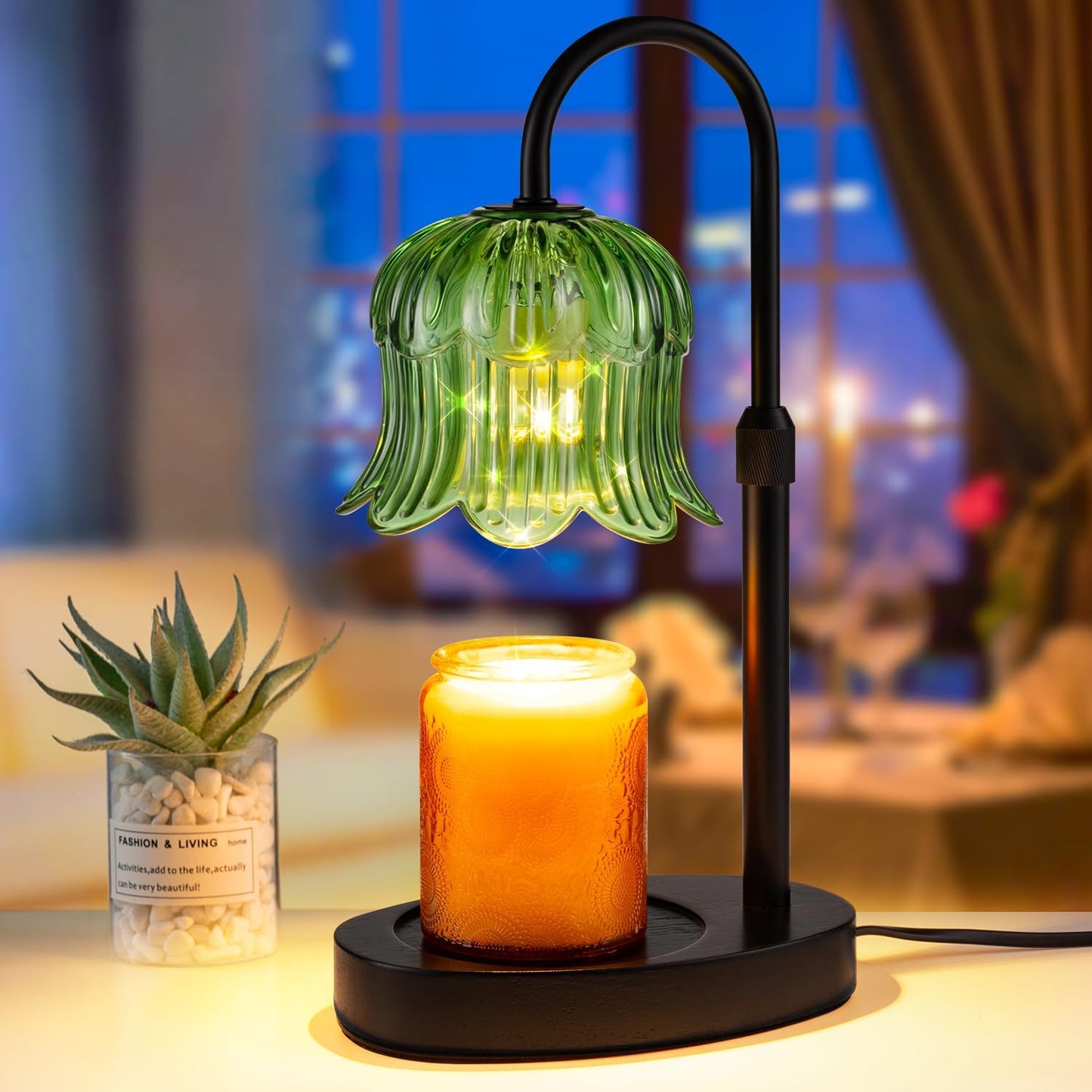 Candle Warmer Lamp with Timer - Electric Candles Wax Warmers Glass Lamps for Jar Candles Burner Adjustable Height and Dimmable Light Modern No Flame Scented Candle Warming Lantern, Amber