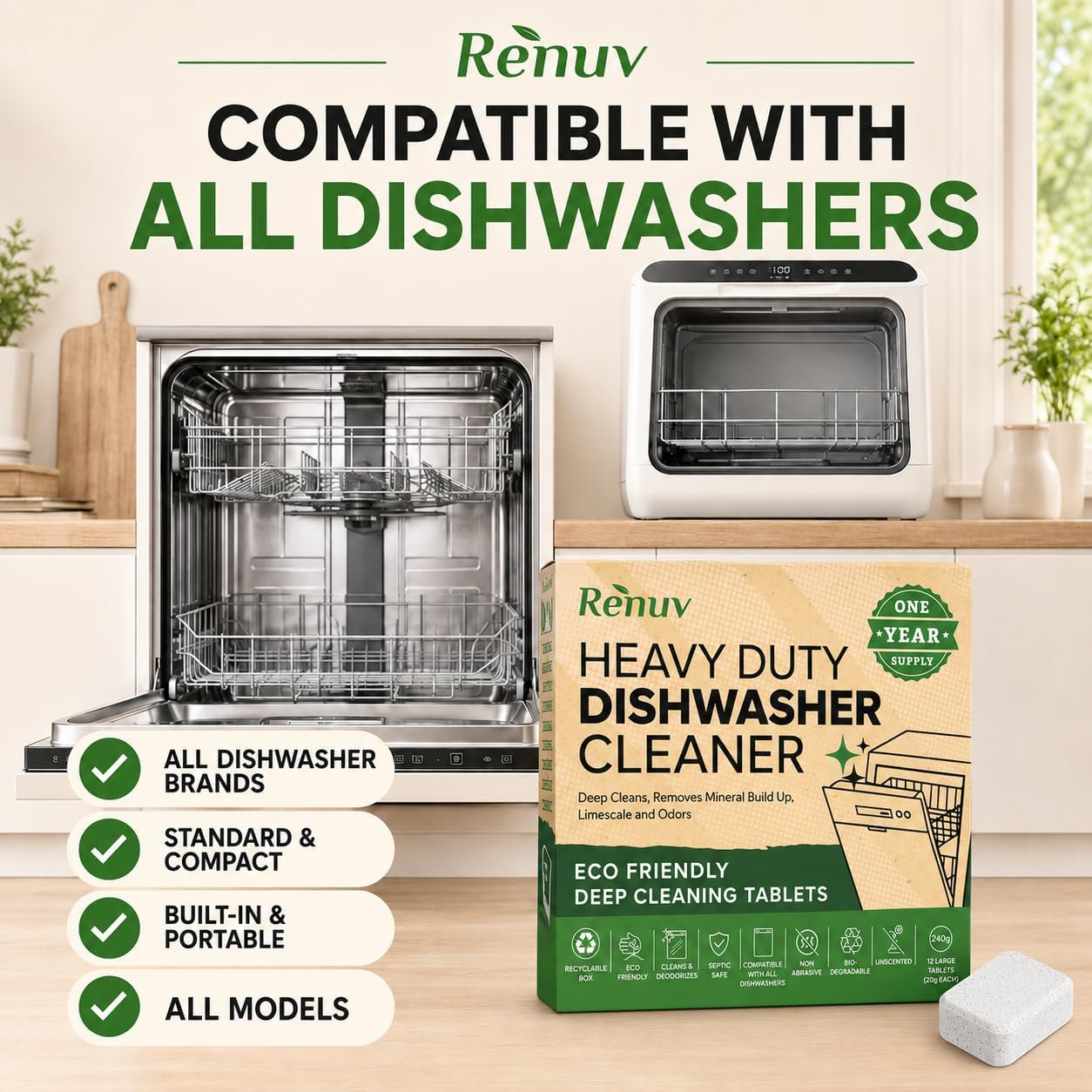 Renuv® Garbage Disposal Cleaner & Deodorizer Tablets, 12 XL Tablets | Foaming Citrus Scent, Drain Freshener, Kitchen Sink Odor Refresher For Garbage Disposer Cleaning
