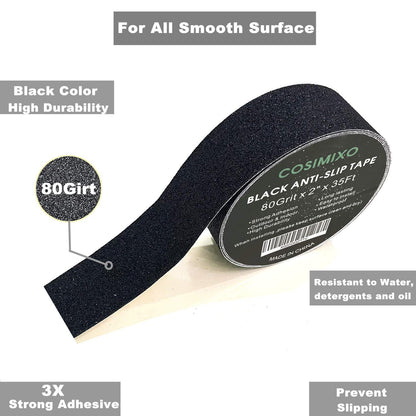 COSIMIXO 4" x 35Ft Heavy Duty Anti Slip Tape,Best 80grit Friction,Grip,Abrasive for Stairs Outdoor/Indoor Waterproof Grip Tape Safety Non Skid Tread Staircases Anti-Slip Traction Tape Black