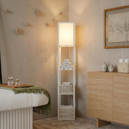 Brightech Maxwell - Modern Shelf Floor Lamp with Lamp Shade & Warm White LED Bulb, Corner Display Floor Lamp with Shelves for Living Room, Bedroom, Nightstand Office, Home Decor Storage - Natural Wood