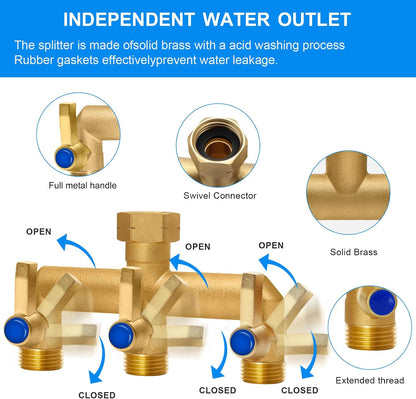 Brass Garden Hose Splitter 2-Way Heavy Duty - 3/4" GHT Threads with 2×304 Stainless Steel Handles, High Flow Design for Efficient Water Distribution