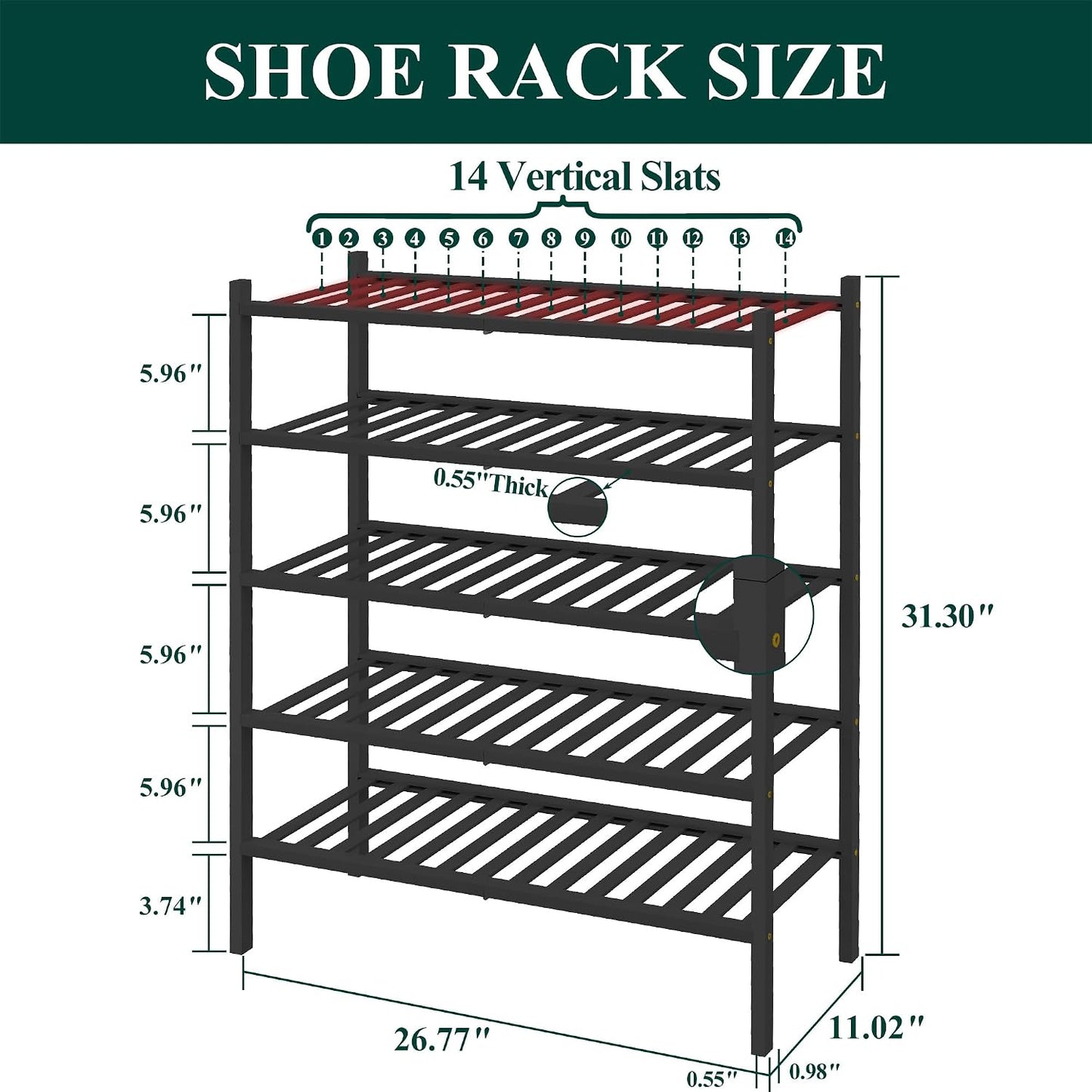 Smiry Bamboo Shoe Rack for Closet, 3 Tier Wooden Shoe Organizer, Stackable Wood Shoe Storage Shelf for Entryway, 14 Vertical Slats, One-piece Heavy-Duty Legs, 26.77"x11.02"x18.31", Natural
