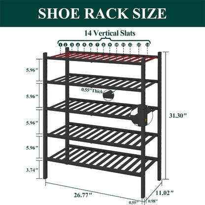 Smiry Bamboo Shoe Rack for Closet, 3 Tier Wooden Shoe Organizer, Stackable Wood Shoe Storage Shelf for Entryway, 14 Vertical Slats, One-piece Heavy-Duty Legs, 26.77"x11.02"x18.31", Natural