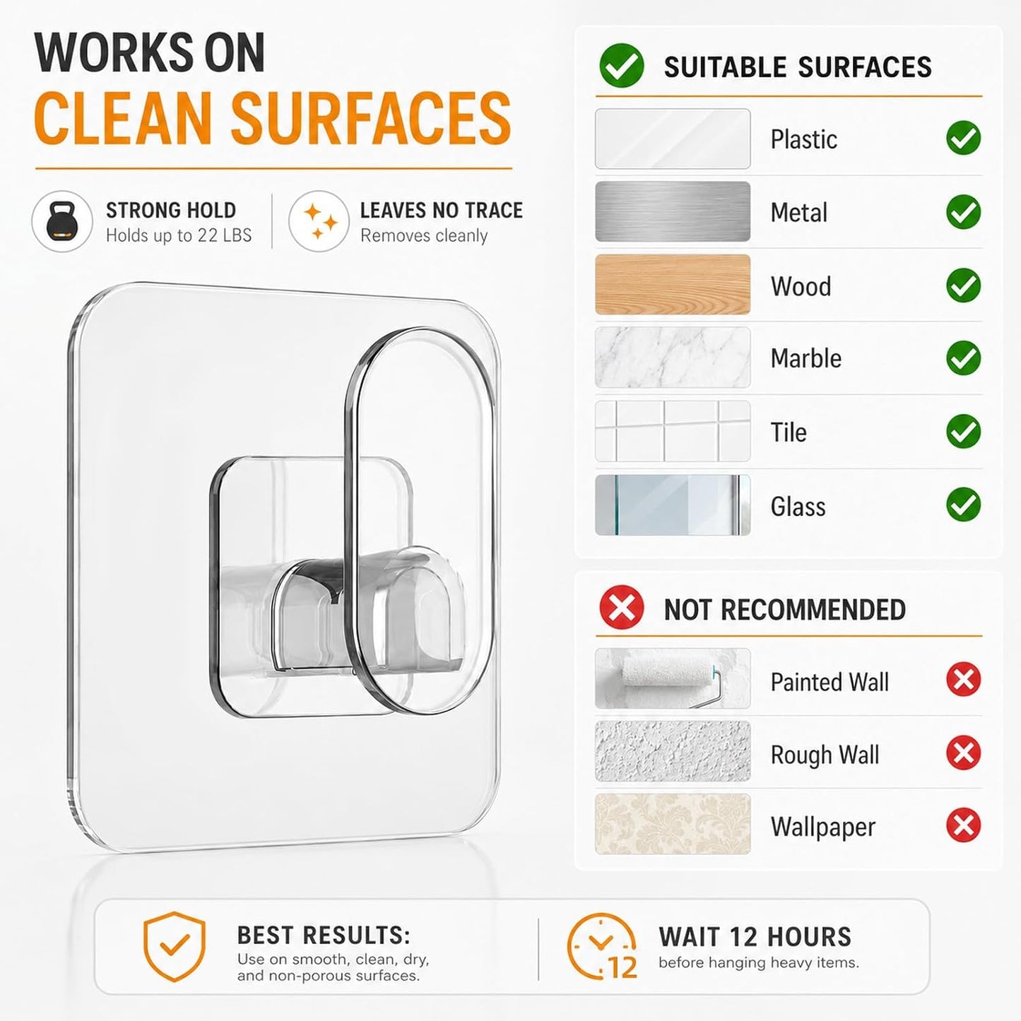 18 Pack Adhesive Wall Hooks for Hanging Heavy Duty 22lb(Max), Upgraded Clear PC No Drill Towel Hooks, Waterproof Sticky Hangers for Home, Bathroom, Kitchen, Shower, Keys, Office & Outdoor
