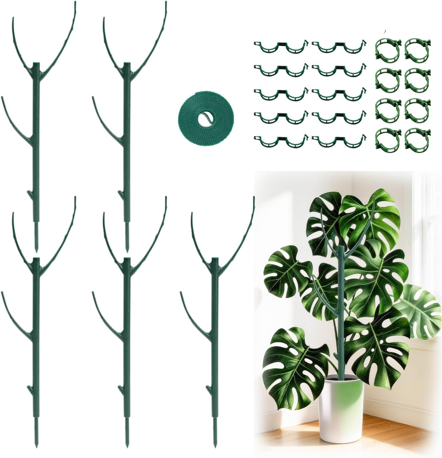26Pcs Plant Support Combo, 5Pcs Stackable Monstera Plant Stakes Trellis+ 20Pcs Garden Clips + 1Pcs Ties, Moss Pole Alternative for Indoor Outdoor Climbing Vines Houseplants