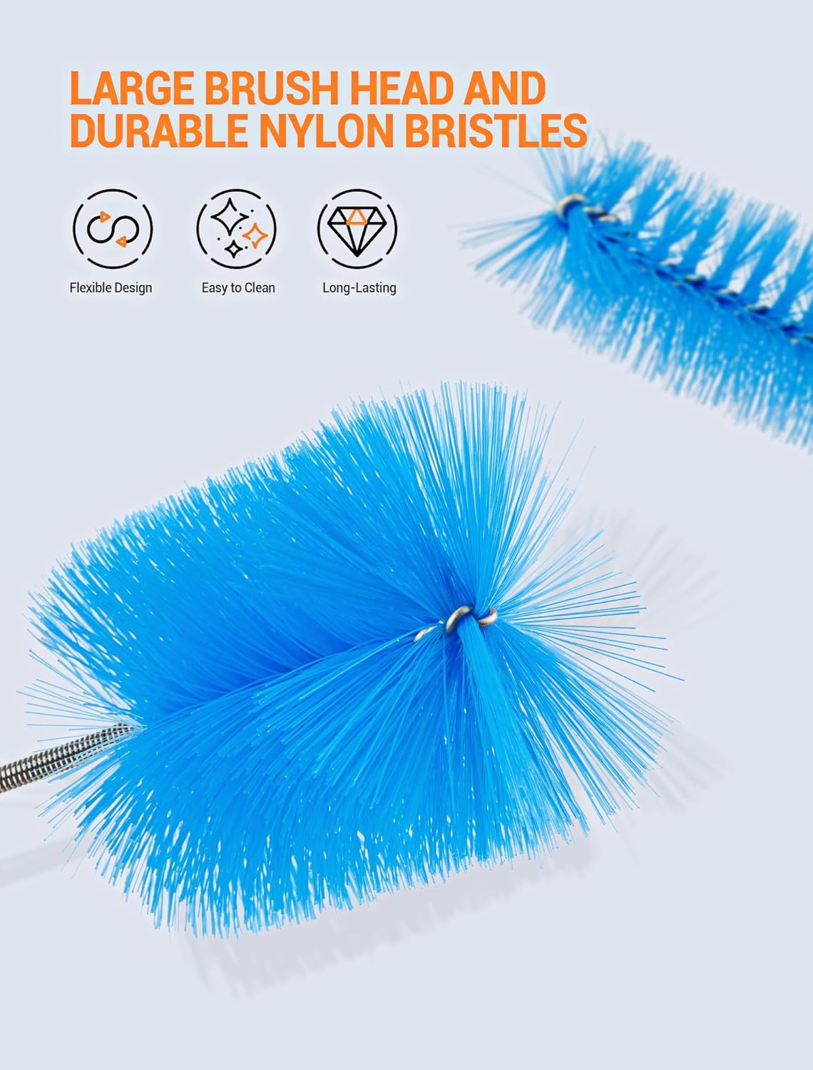 EVOULTES 66" Flexible Drain Brush Tool with Large Brush Head and Double Elastic Nylon Ends, Stainless Steel Long Tube Cleaning Brushes for Kitchen, Sink, Drain Pipe and Long Pipe Cleaning