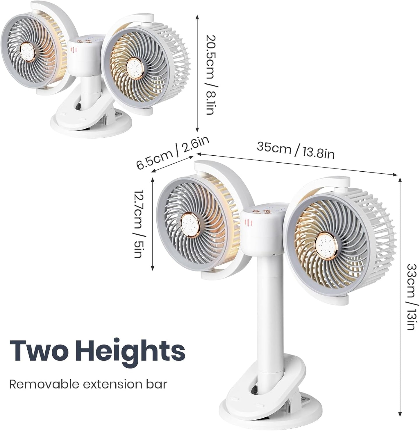 Clip on Fan Dual Head Rechargeable,Portable Desk Fan with LED Lights,Wall Mounted Ultra Silent 360° Rotatable Removable for Car, Table,Bedroom,Office,Camping,Stroller,Treadmill,Travel Outdoor