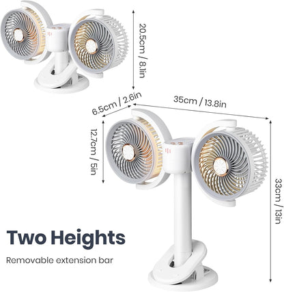 Clip on Fan Dual Head Rechargeable,Portable Desk Fan with LED Lights,Wall Mounted Ultra Silent 360° Rotatable Removable for Car, Table,Bedroom,Office,Camping,Stroller,Treadmill,Travel Outdoor