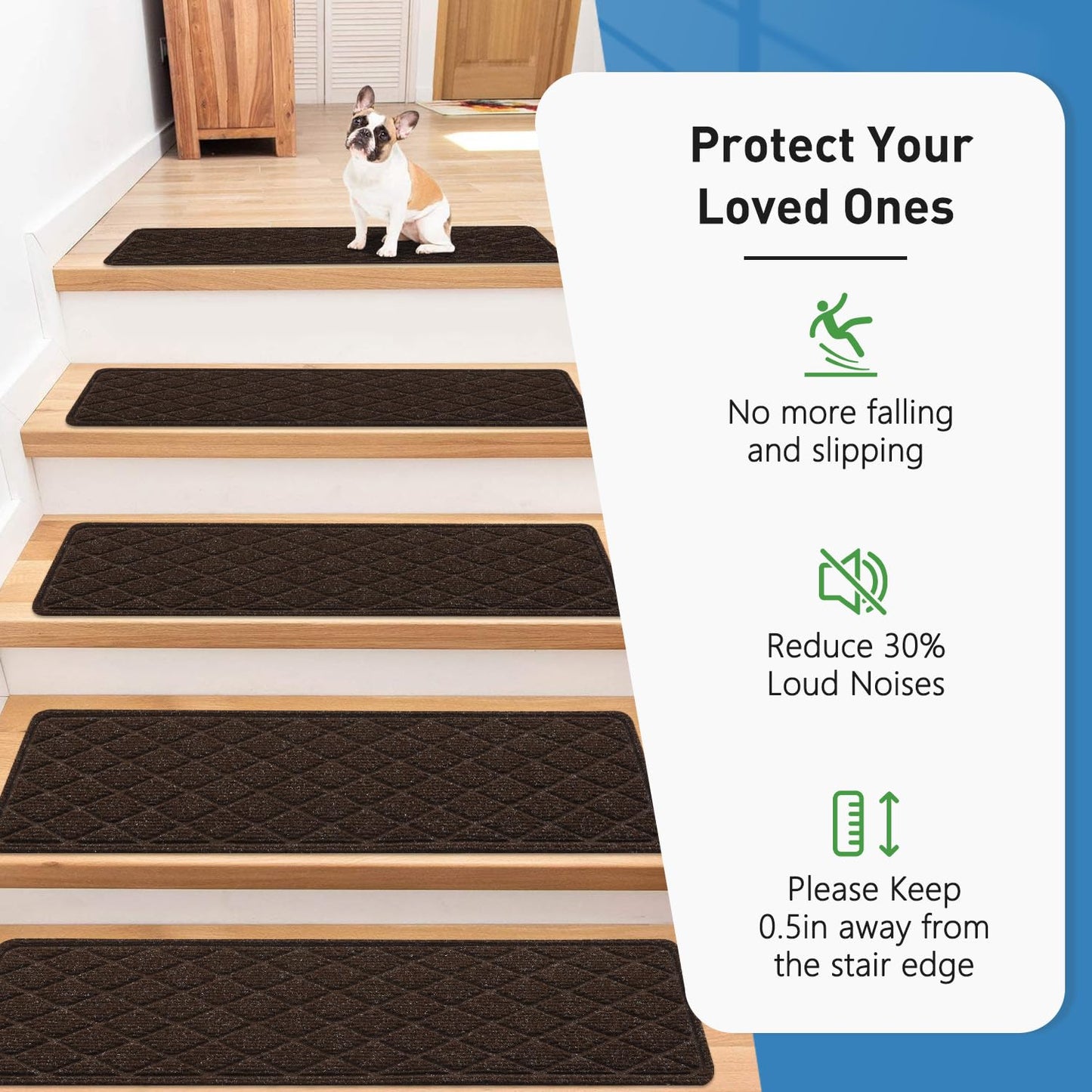 Non Slip Stair Treads for Wooden Steps,15 Pack 8" X 30" Stairs Carpet Treads Indoor with Reusable Peel and Stick Adhesive for Kids Elders and Pets