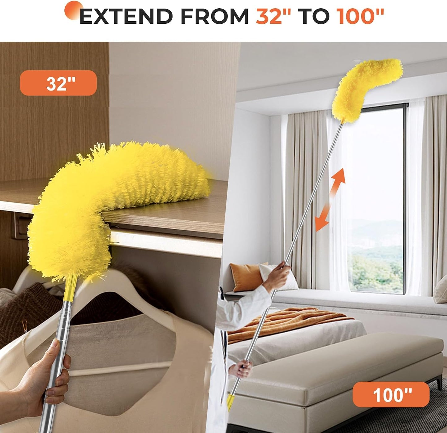 Dusters for Cleaning High Ceiling Fan, Newliton Microfiber Feather Duster with 30'' to 100'' Telescoping Extension Pole, Long Extendable Duster for Home Car Furniture Cobweb, Yellow
